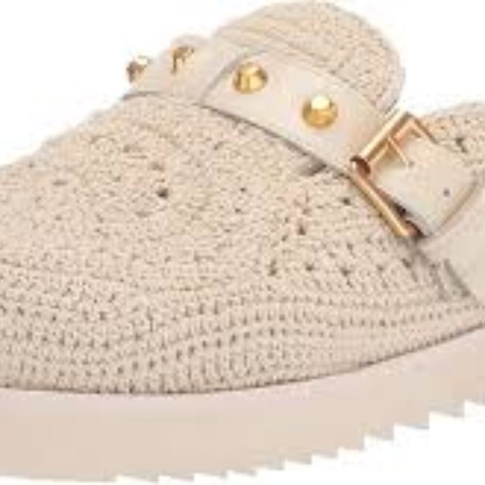 Ash Gioia Talc Crochet Gold Studs Buckle Strap Slip On Round Toe Clogs Slippers